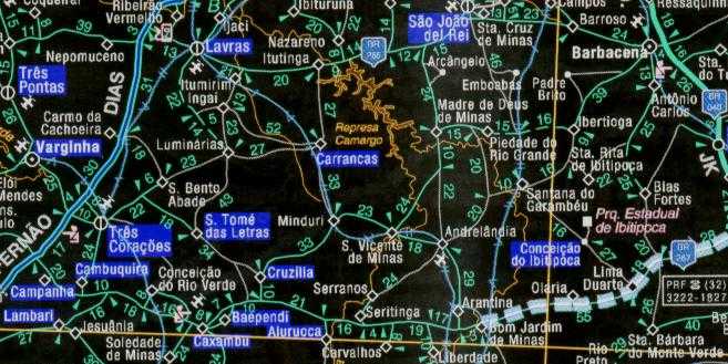 Mapa rodovi�rio dos arredores de S�o Thom� das Letras.